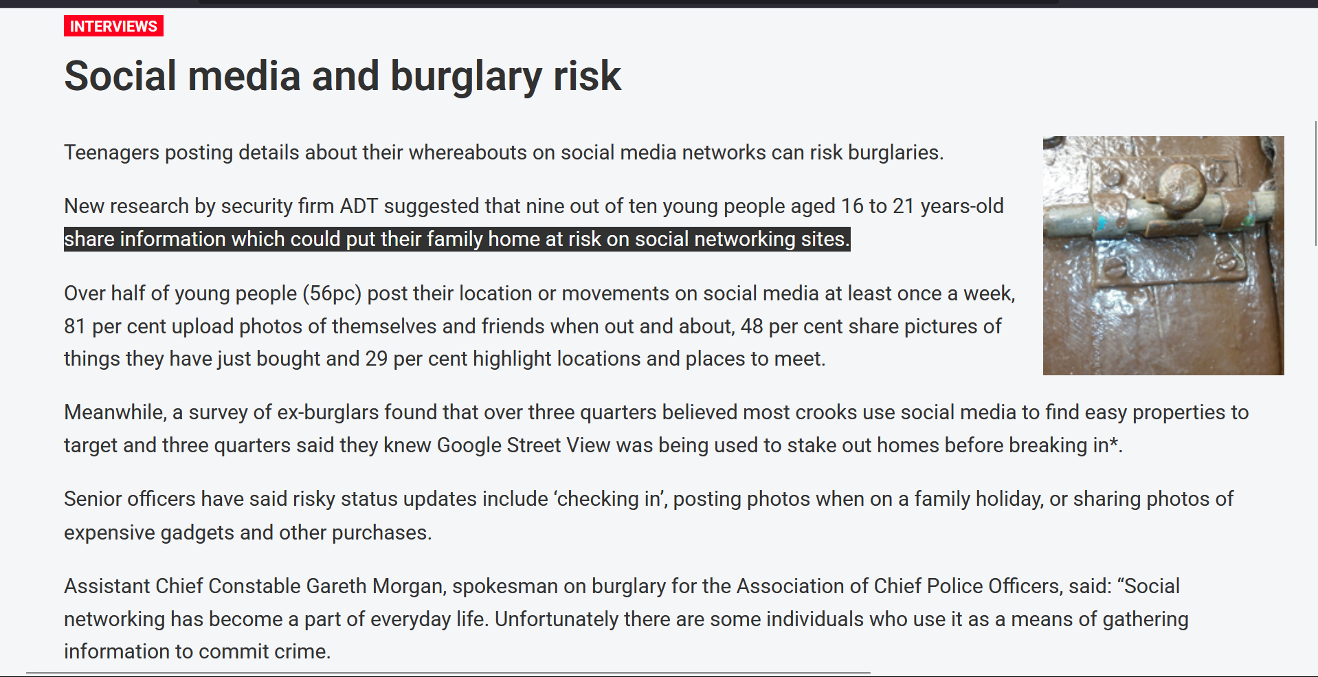 Report on burglary and Social media | Source: professionalsecurity.co.uk/news/interviews/social-media-and-burglary-risk/